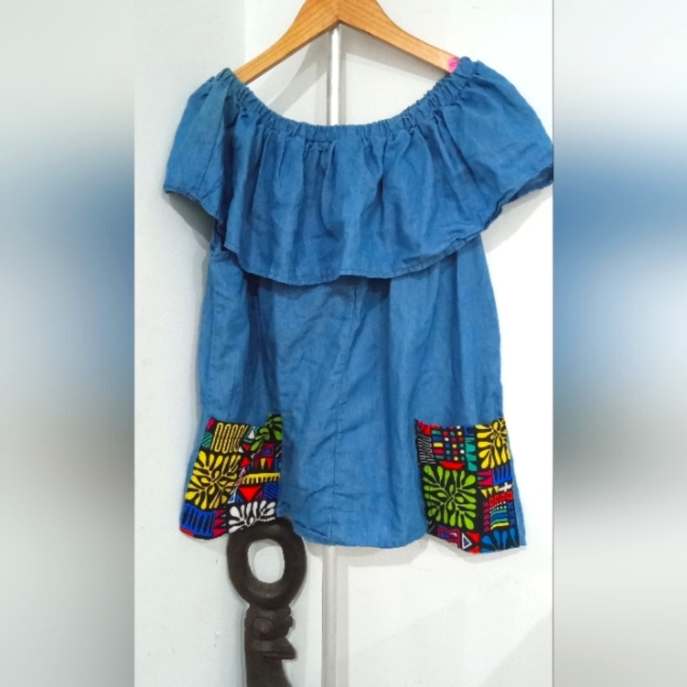 Blue Off-Shoulder Top with Colorful Pockets Patch Embroidery 💙💛❤️